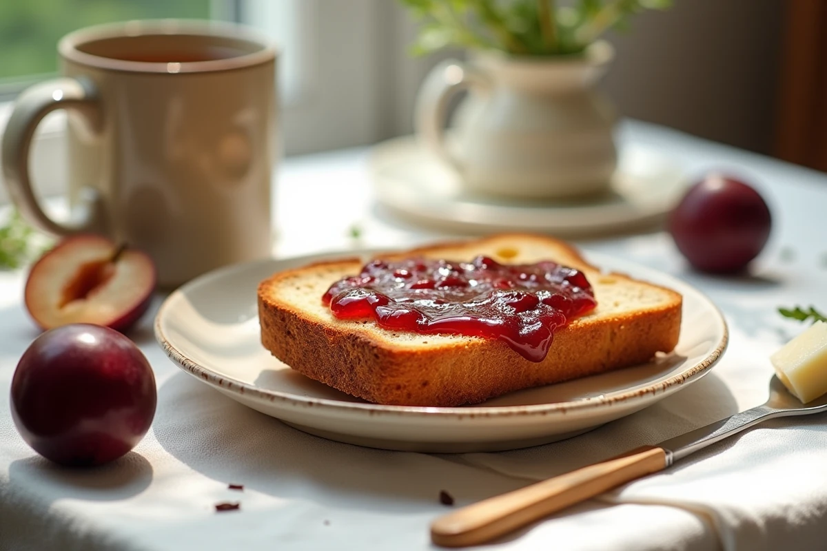 Tartine de pain grillé avec de la confiture de prunes maison sur une assiette en céramique au petit-déjeuner