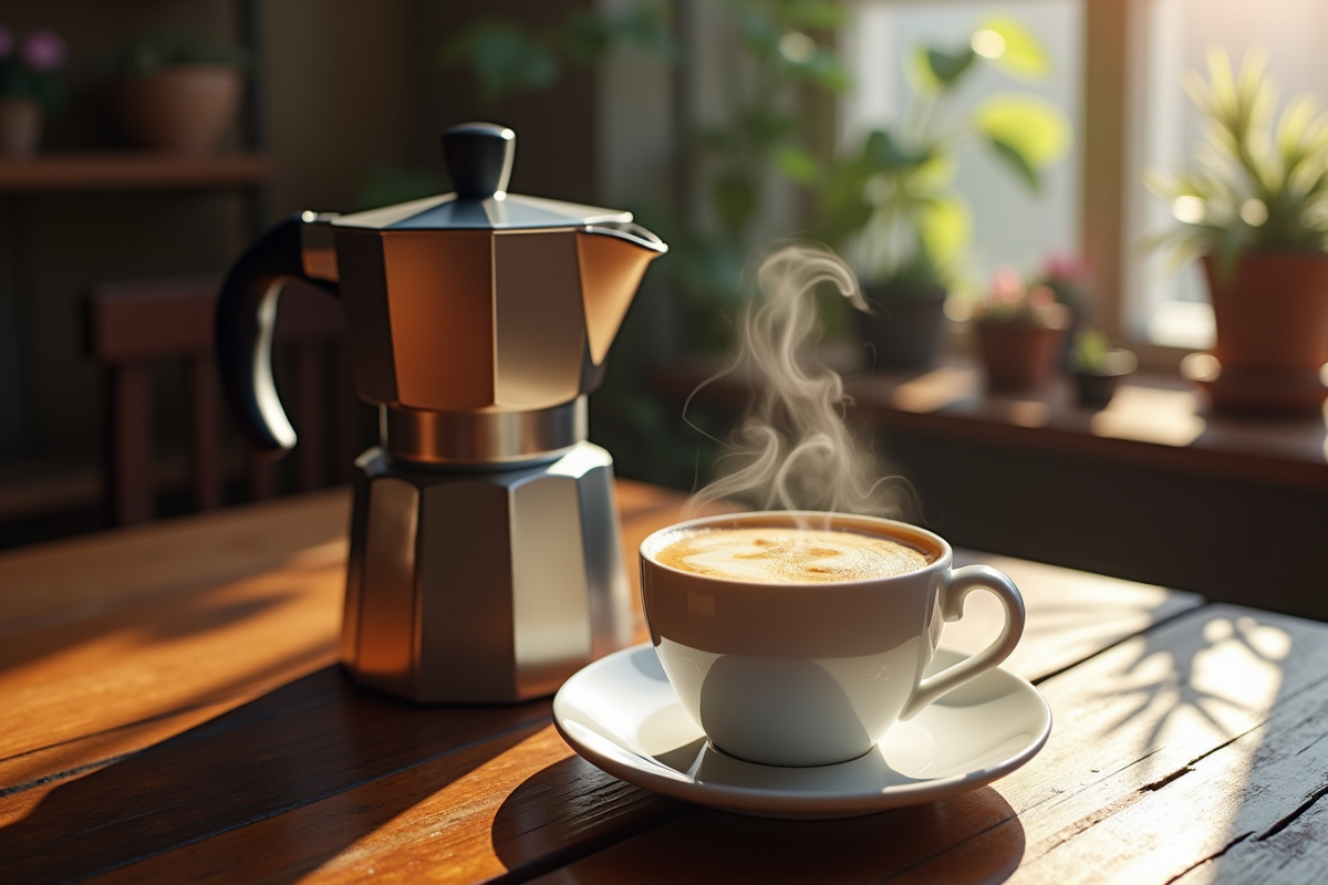 Tasse d'espresso fumante avec percolateur en acier sur bois