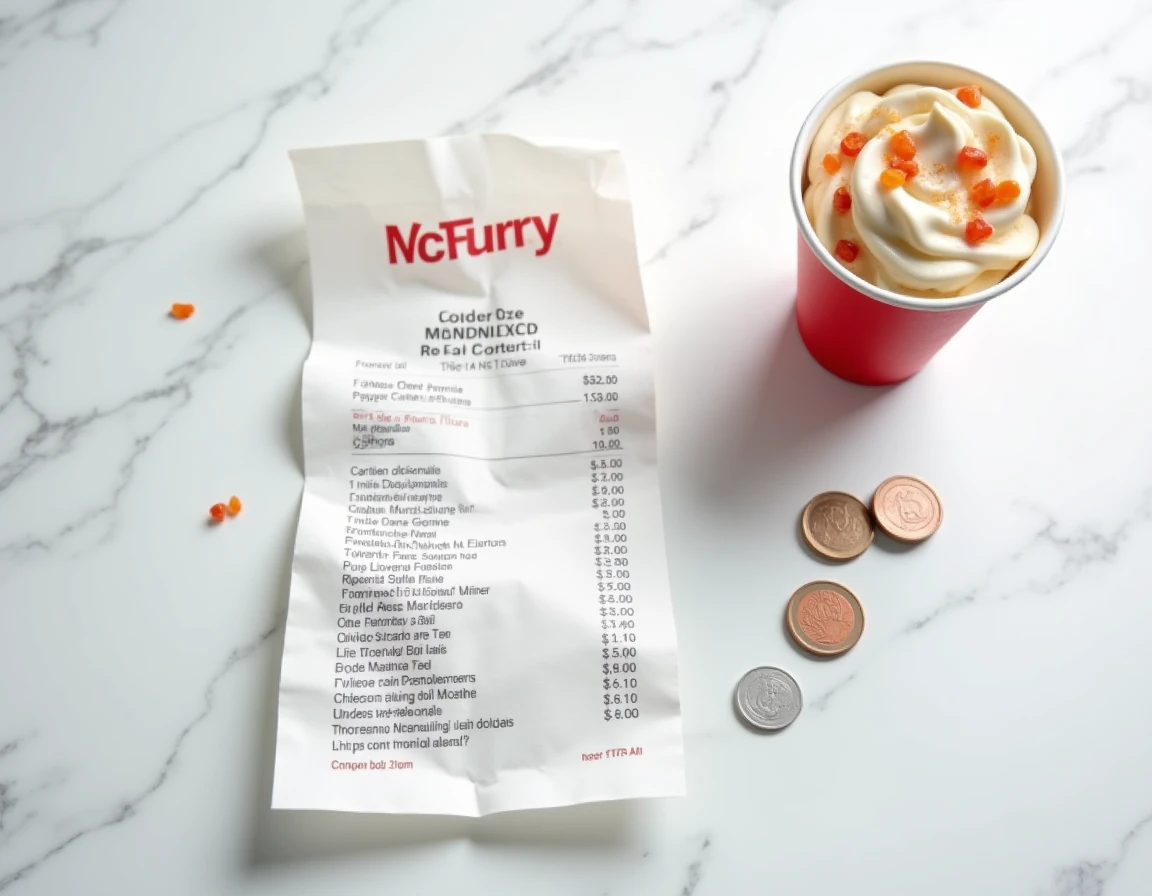 Ticket de caisse McDonald's avec prix du McFlurry posé à plat sur marbre blanc avec pièces de monnaie en euros