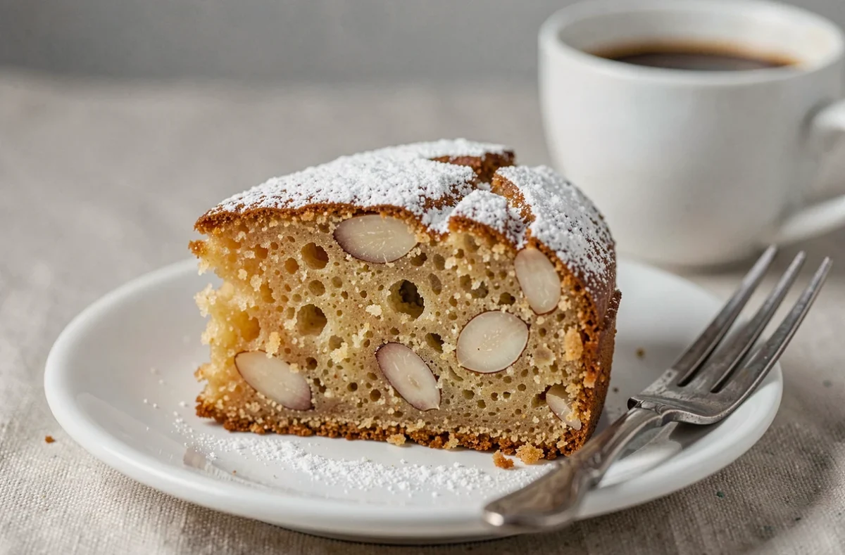 Tranche de gâteau aux amandes moelleux sur assiette blanche avec fourchette et tasse d'espresso en arrière-plan flou