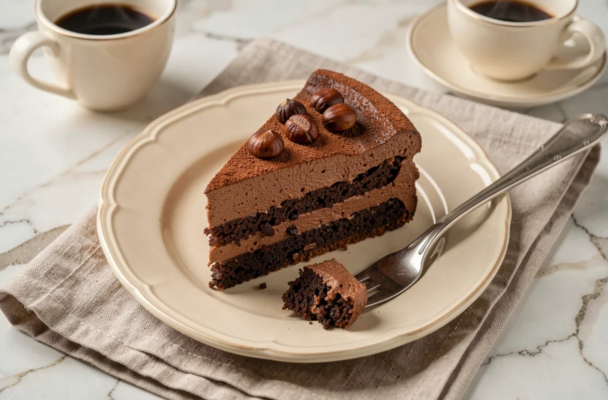 Tranche de gâteau crème de marrons chocolat sur assiette vintage avec une fourchette et un expresso en arrière-plan