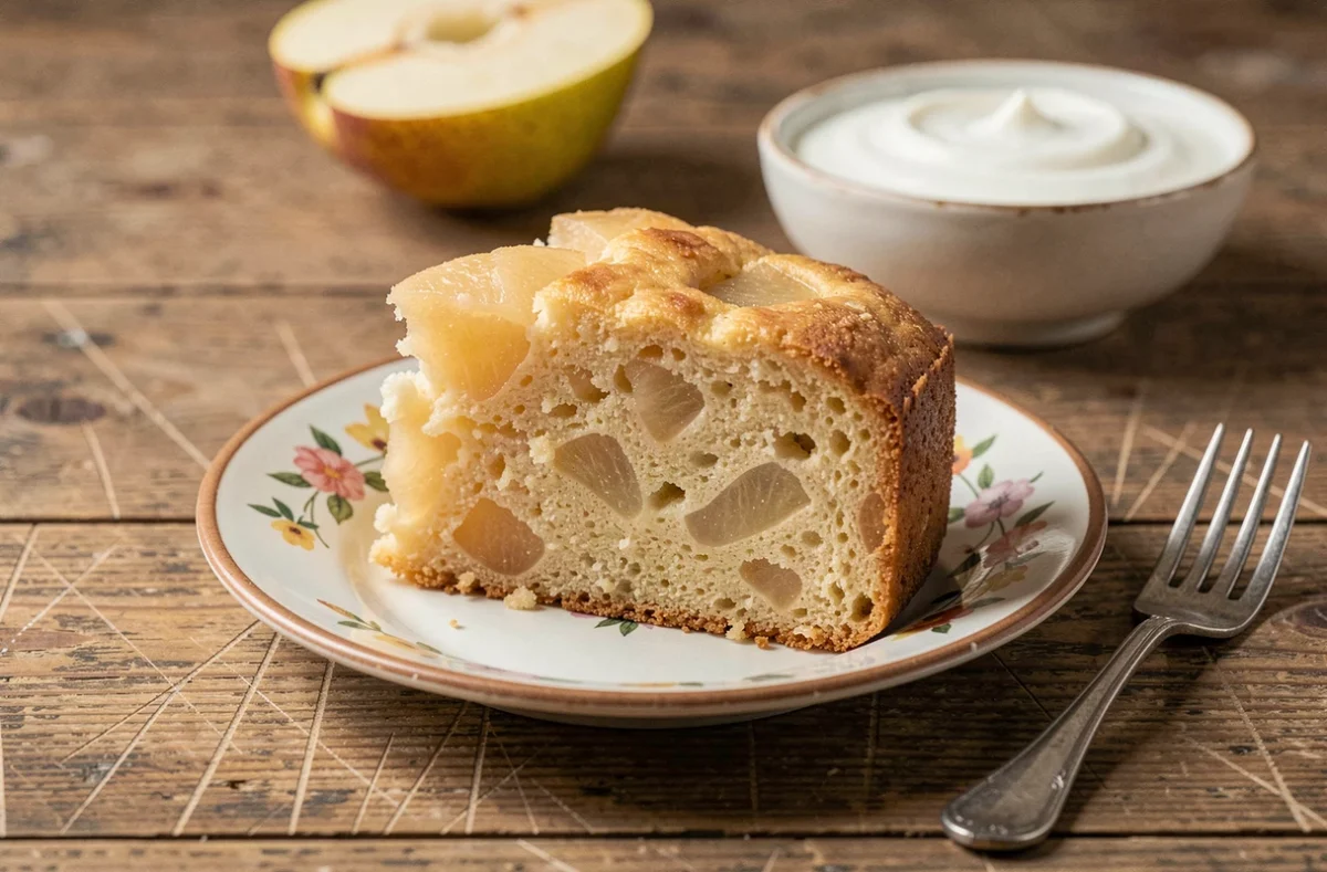 Tranche de gâteau poire yaourt révélant une mie moelleuse avec des morceaux de poire dorés, servie sur une assiette en céramique peinte à la main