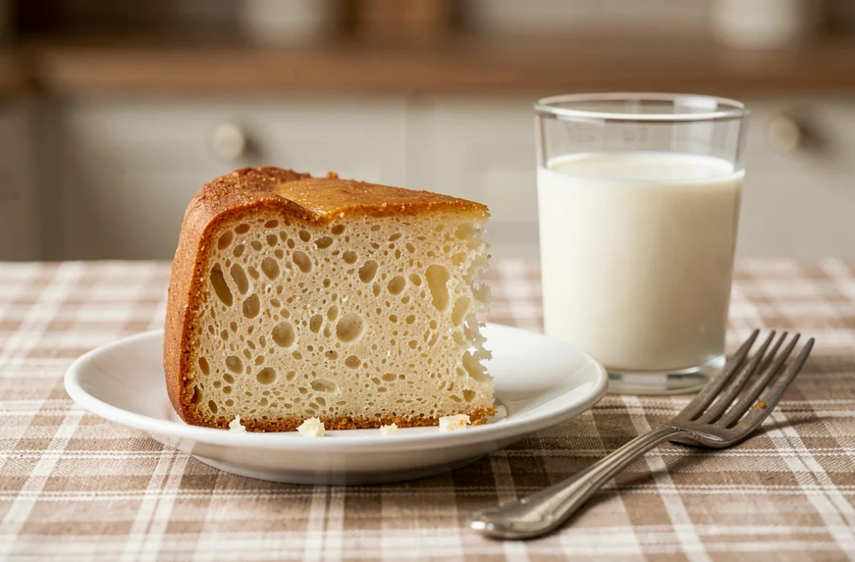 Tranche de gâteau au yaourt ultra fondant sur assiette en porcelaine avec un verre de lait pour le goûter
