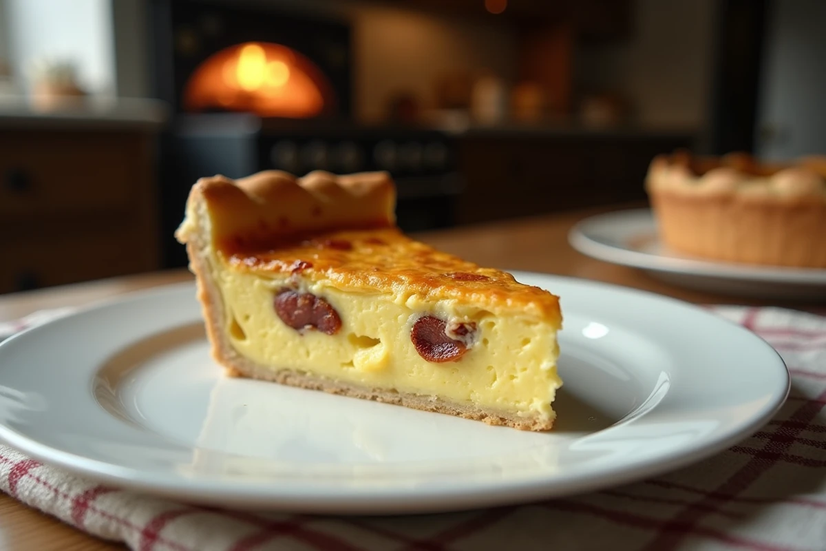 Tranche de quiche lorraine crémeuse servie sur une assiette blanche avec le four traditionnel en arrière-plan flou