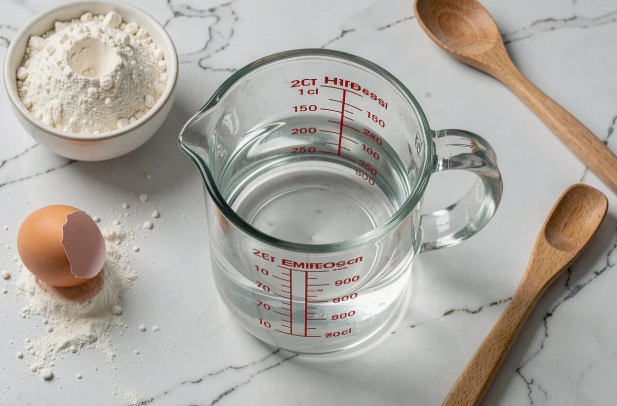 Verre doseur rempli à 25 cl posé sur un plan de travail en marbre entouré d'ingrédients de pâtisserie