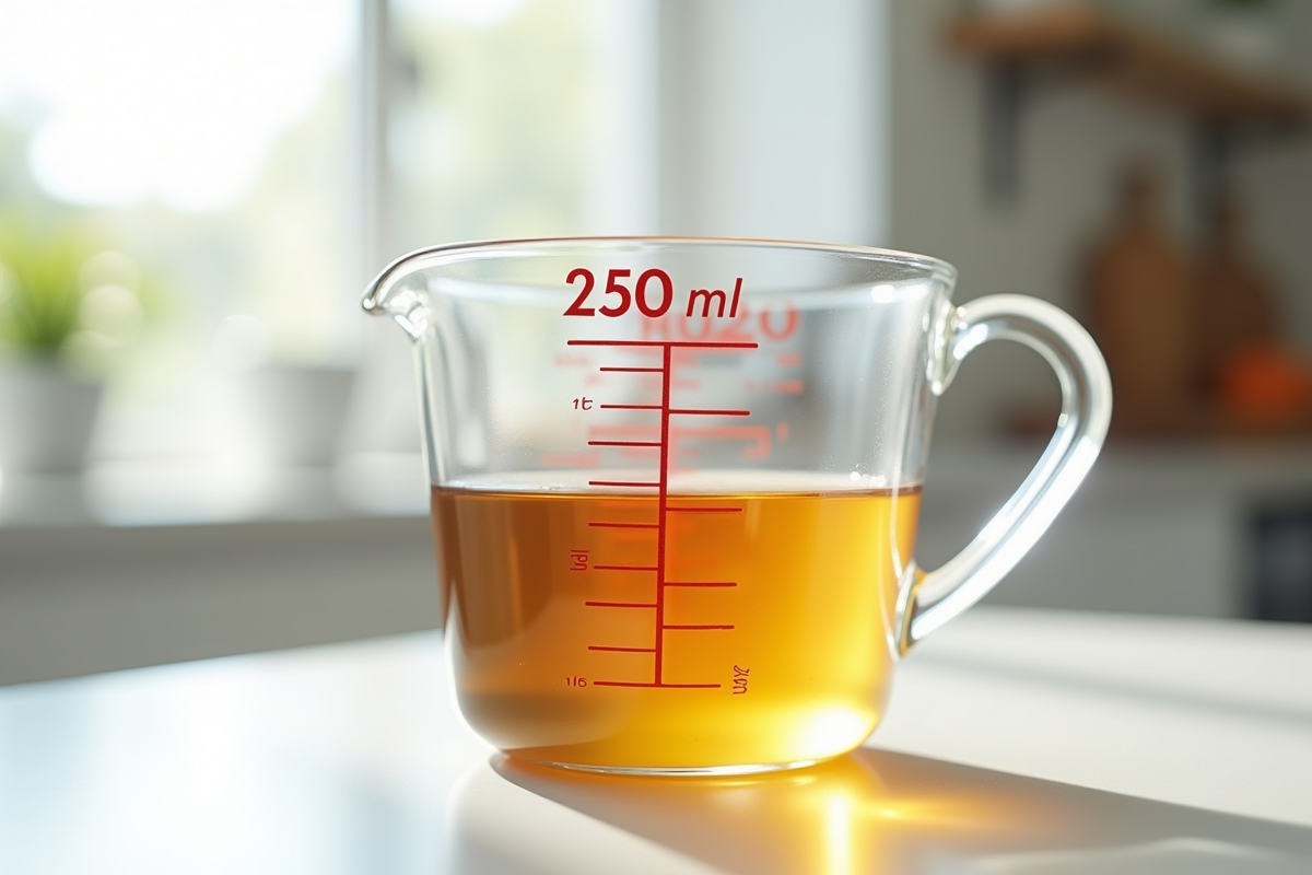 Verre mesure 250 ml sur plan de travail blanc
