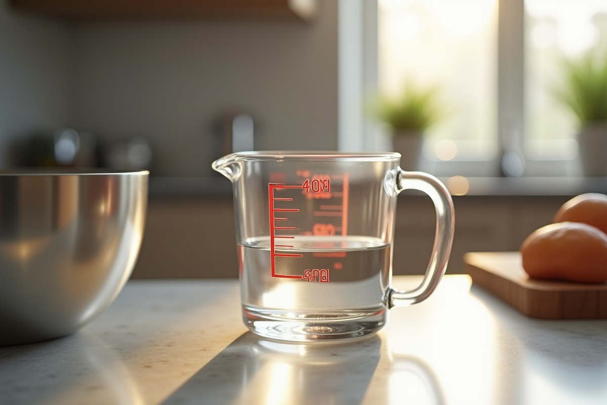 Verre mesure 400 ml sur le plan de travail cuisine