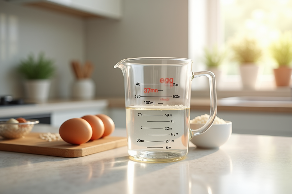 Verre doseur rempli à 100 ml dans une cuisine moderne lumineuse