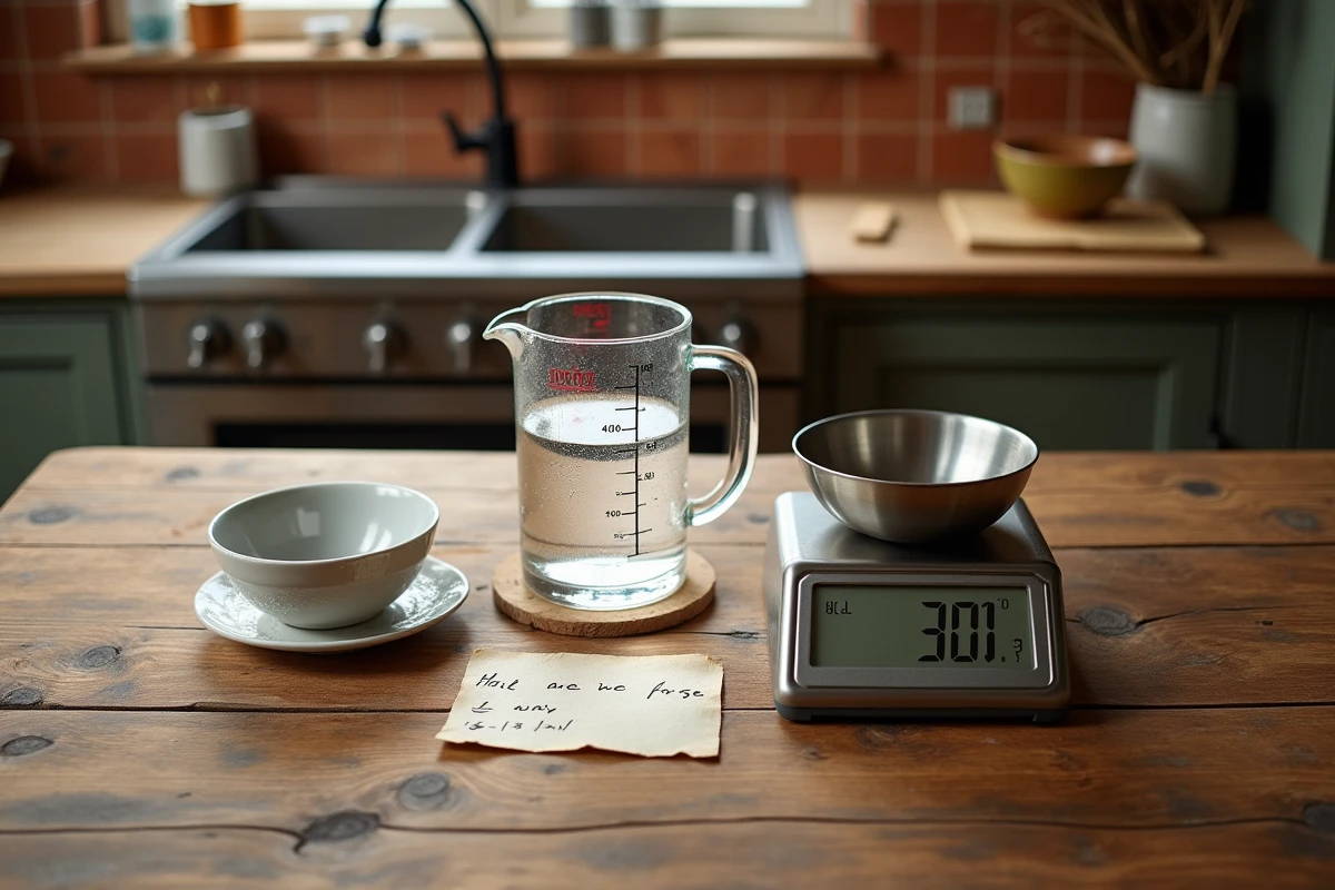 Vue de dessus d'un verre mesureur de 40cl posé à côté d'une balance de cuisine et d'une fiche de conversion manuscrite sur une table en bois rustique