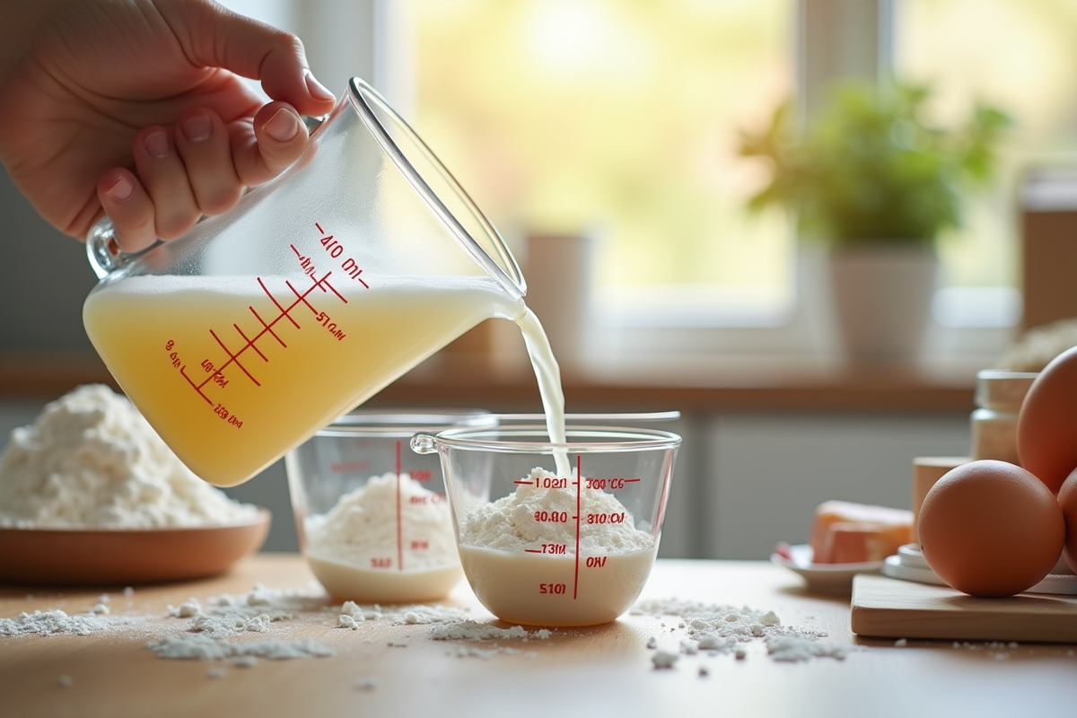 Main versant liquide dans des tasses de mesure en cuisine