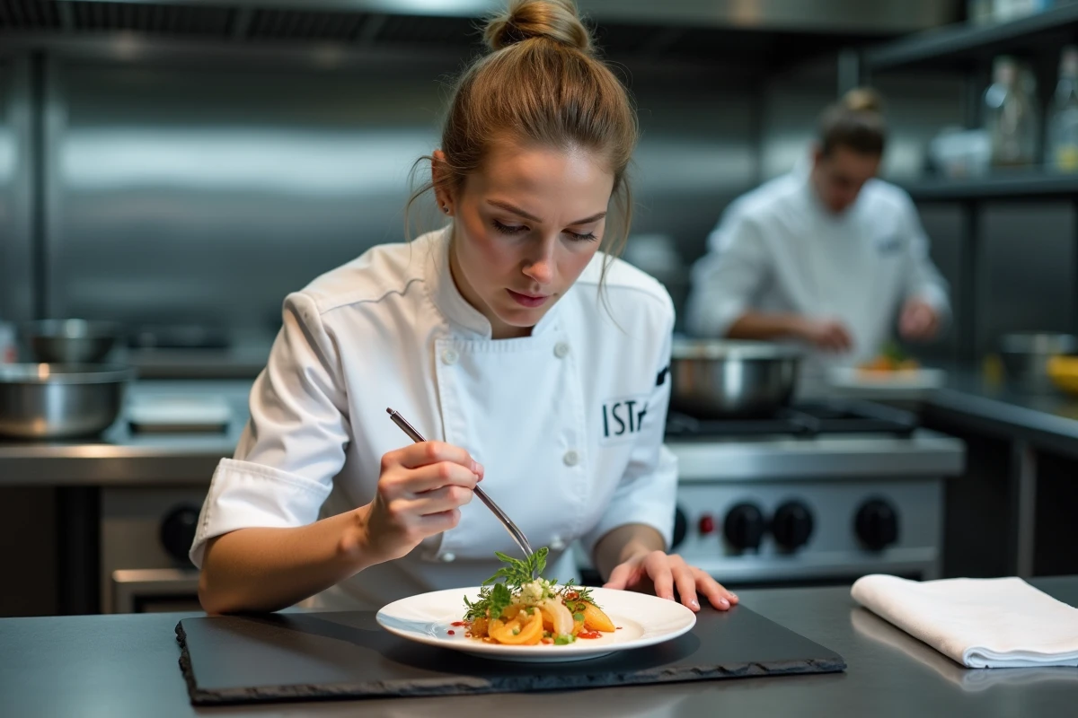 Viviana Pisacane, finaliste de Top Chef 2026, dressant une assiette de compétition avec précision et concentration