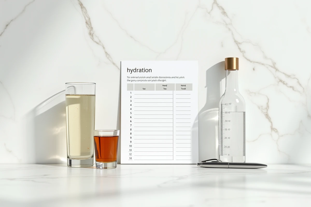 Vue de dessus de boissons mesurées en 40 cl avec un tableau de suivi des apports hydriques pour un régime santé