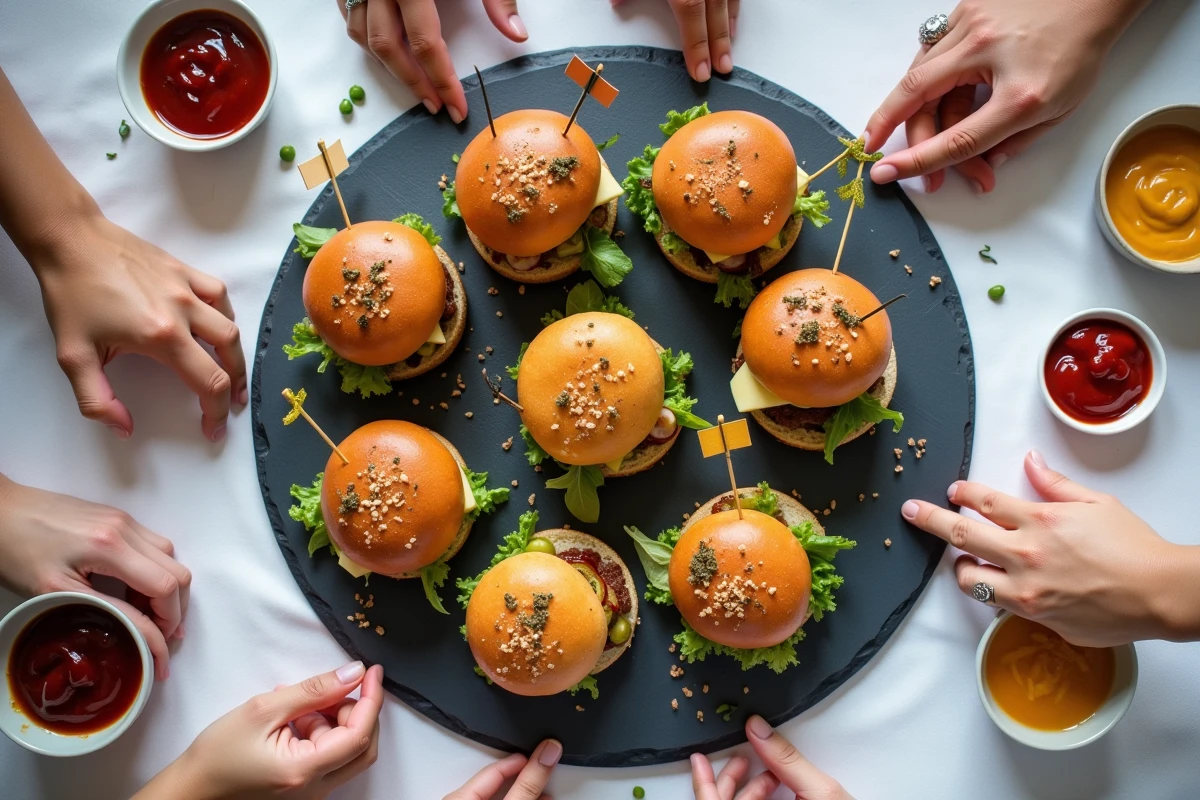 Vue de dessus d'un plateau ardoise de mini hamburgers apéro variés entourés de condiments lors d'une soirée conviviale